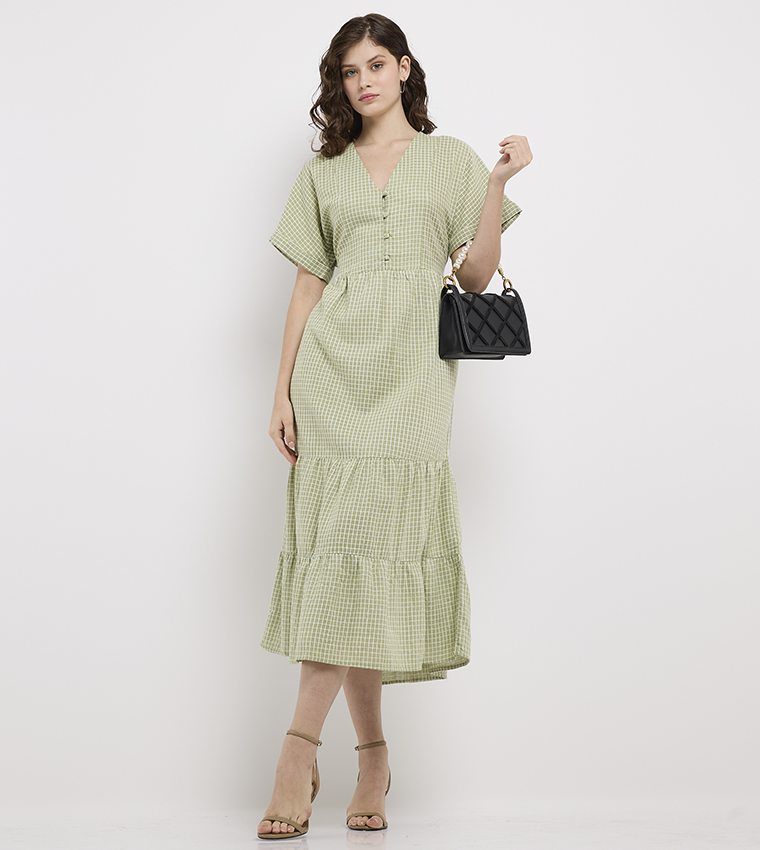 Plaid V-Neck Short Sleeves Midi Dress