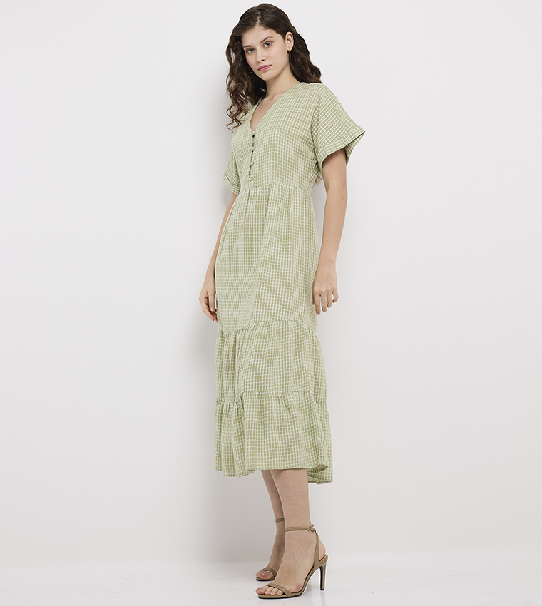 Plaid V-Neck Short Sleeves Midi Dress