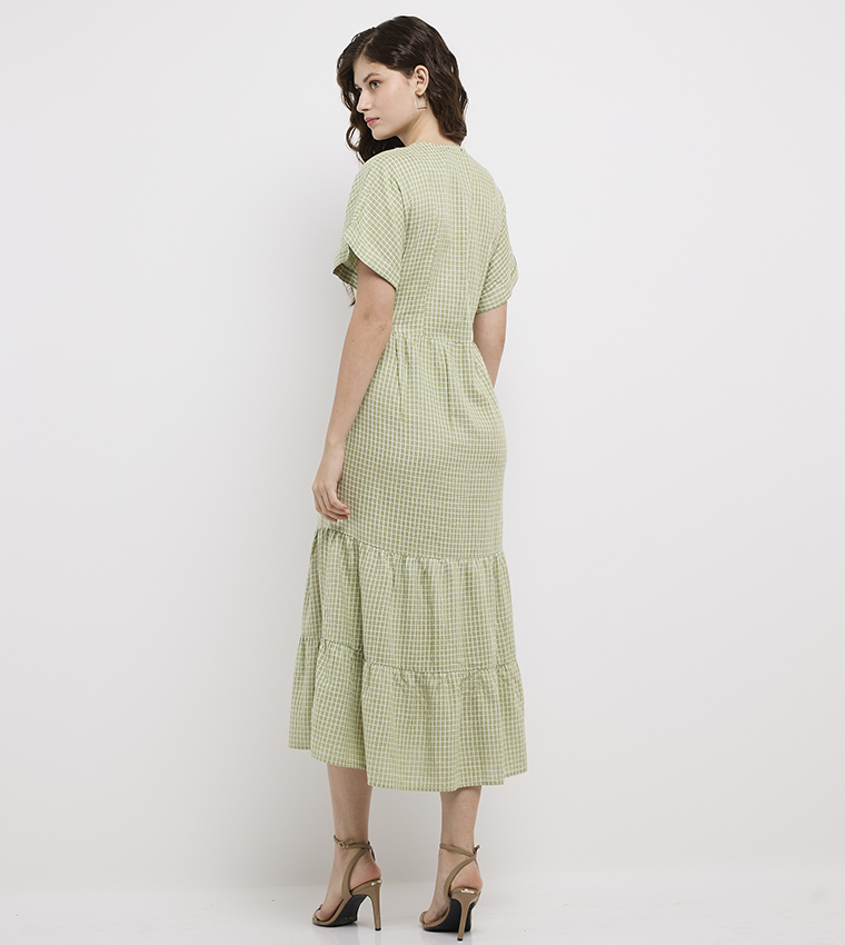 Plaid V-Neck Short Sleeves Midi Dress