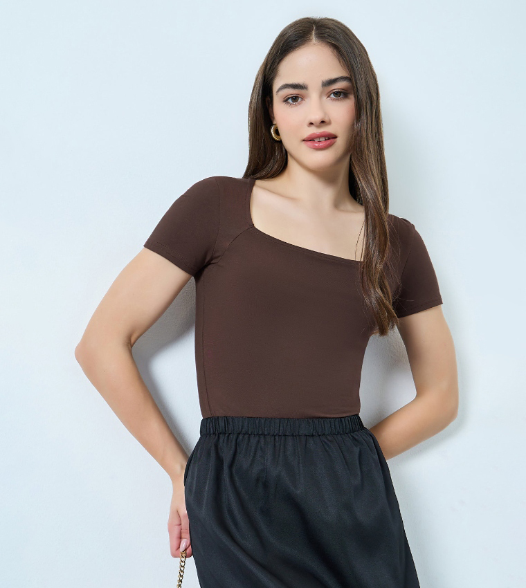 Solid Square Neck Fitted Short Sleeves Top