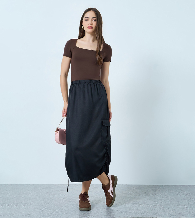 Solid Square Neck Fitted Short Sleeves Top