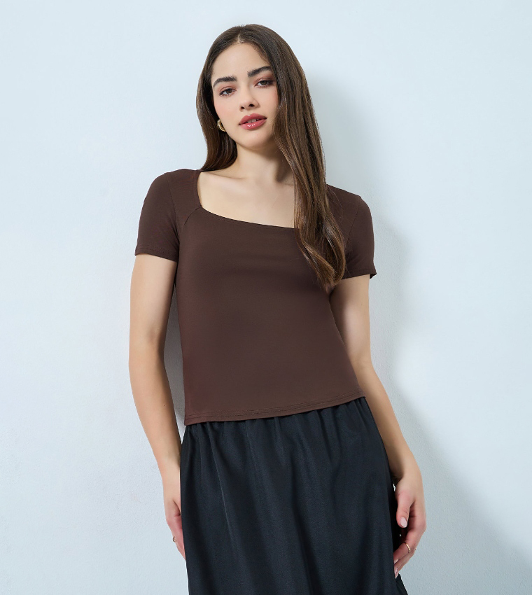 Solid Square Neck Fitted Short Sleeves Top