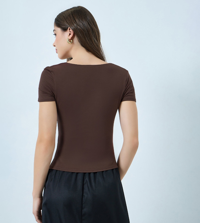 Solid Square Neck Fitted Short Sleeves Top