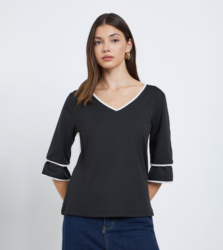 Contrast Trim V-Neck Top