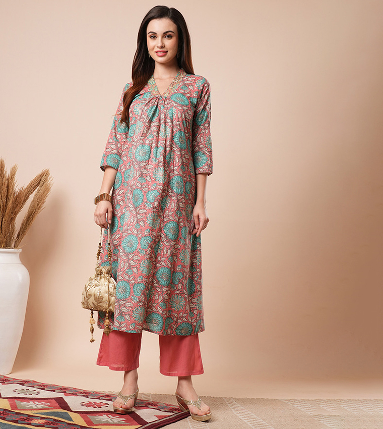 Floral Print Kurta and Elasticated Pant Set