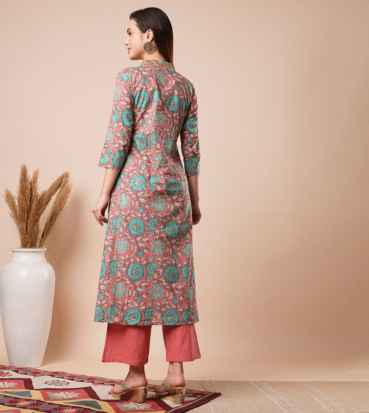 Floral Print Kurta and Elasticated Pant Set