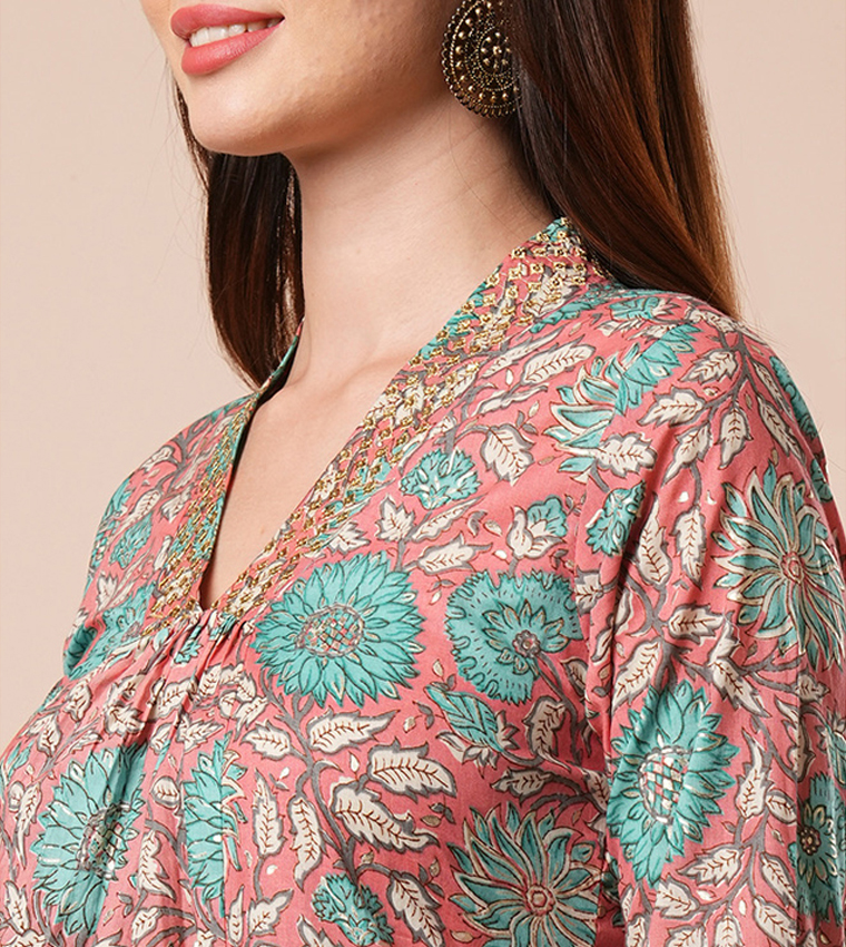 Floral Print Kurta and Elasticated Pant Set