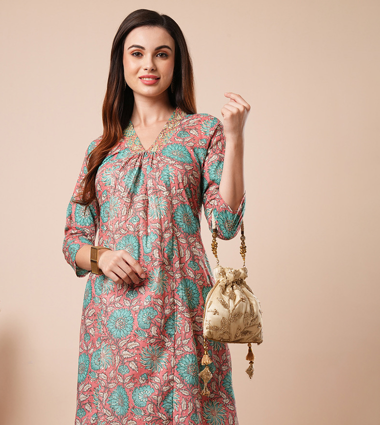Floral Print Kurta and Elasticated Pant Set