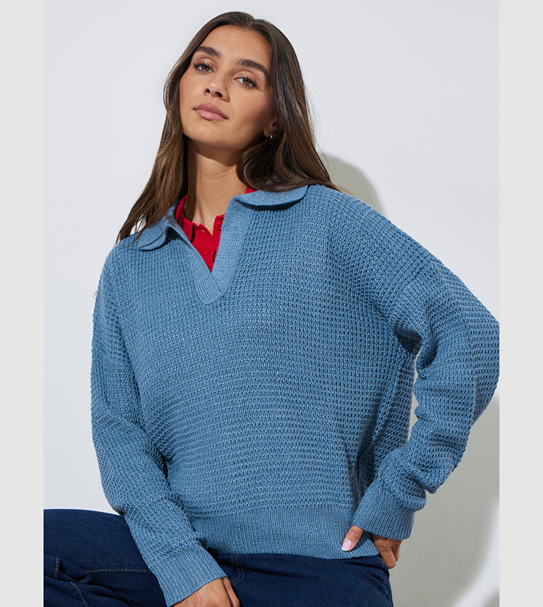 Textured Knit Collared Sweater