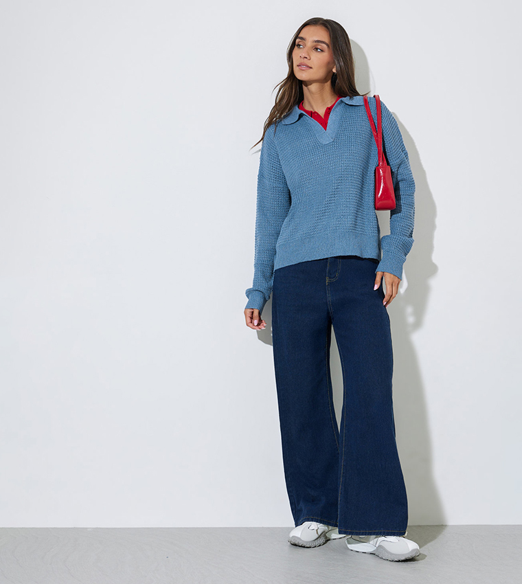 Textured Knit Collared Sweater