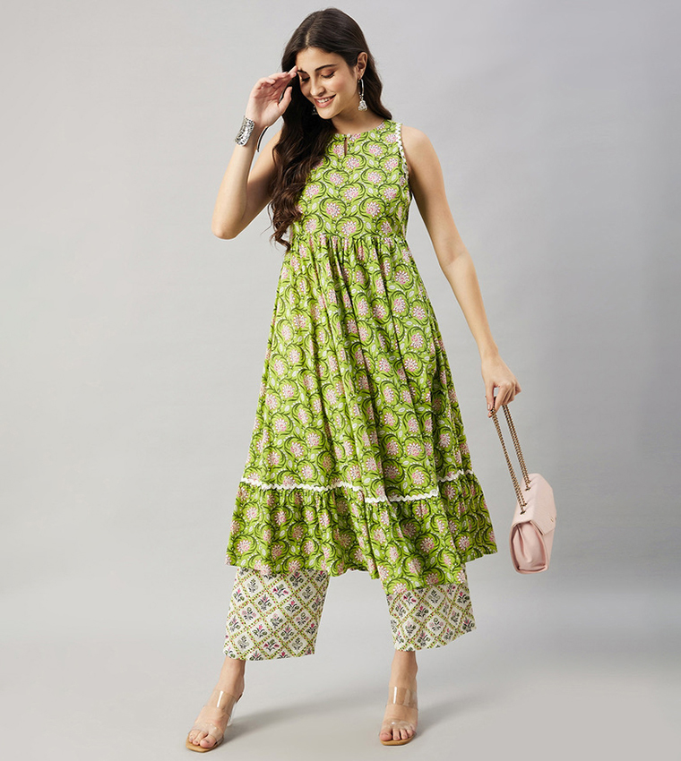 Printed Flared Kurta with Trouser Set