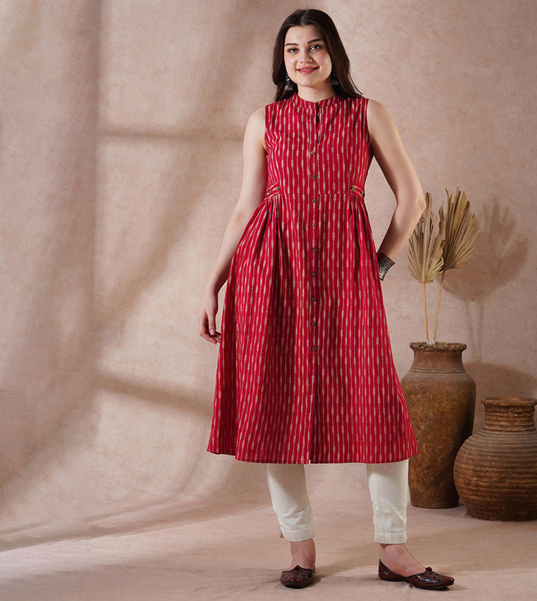 Printed Mandarin Collar Pleated Buttoned Kurta