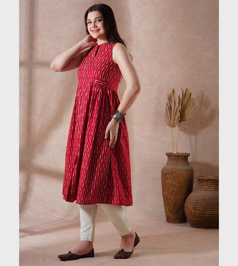 Printed Mandarin Collar Pleated Buttoned Kurta