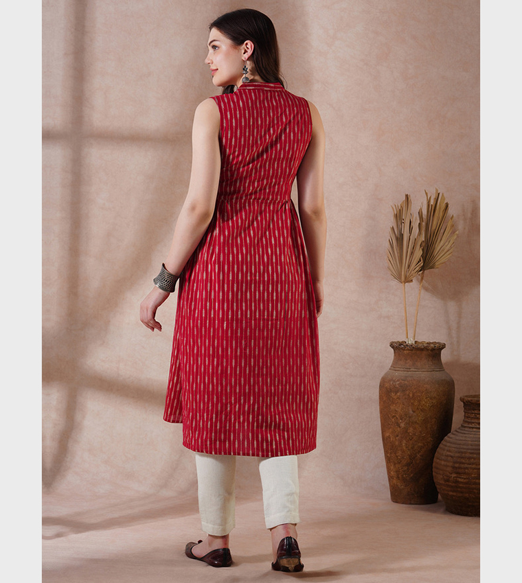 Printed Mandarin Collar Pleated Buttoned Kurta