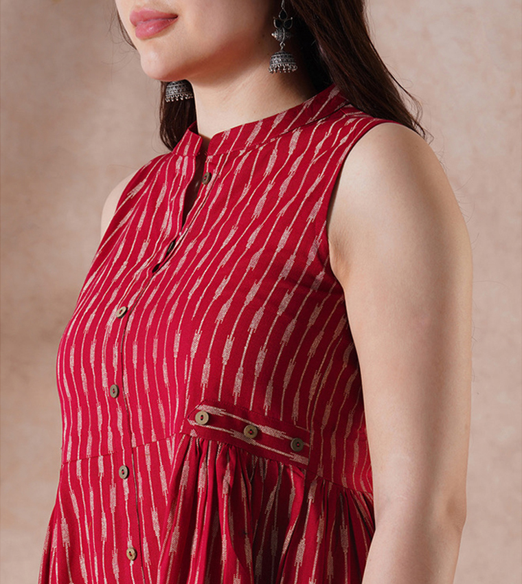 Printed Mandarin Collar Pleated Buttoned Kurta