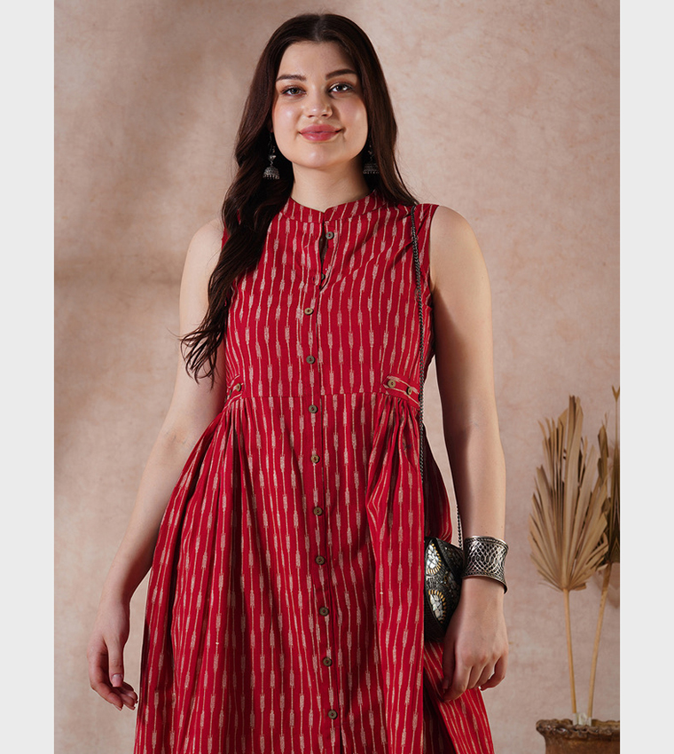 Printed Mandarin Collar Pleated Buttoned Kurta