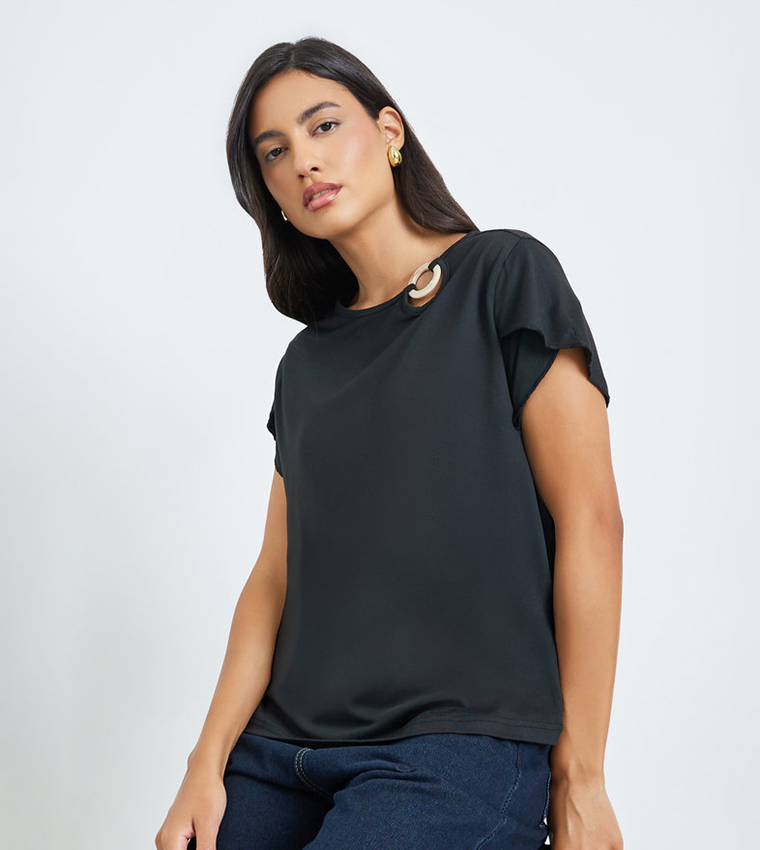 O-Ring Detail Crew Neck Top