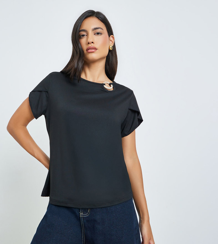 O-Ring Detail Crew Neck Top
