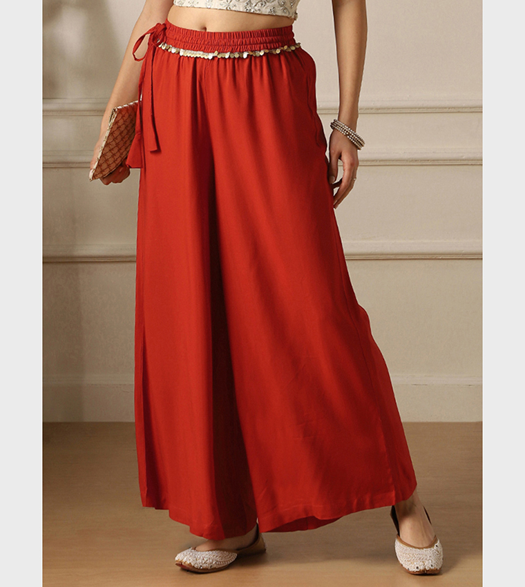 Solid Belted Palazzo Pants