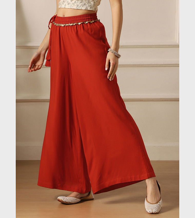 Solid Belted Palazzo Pants