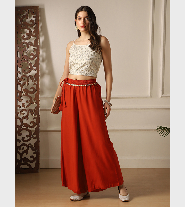 Solid Belted Palazzo Pants