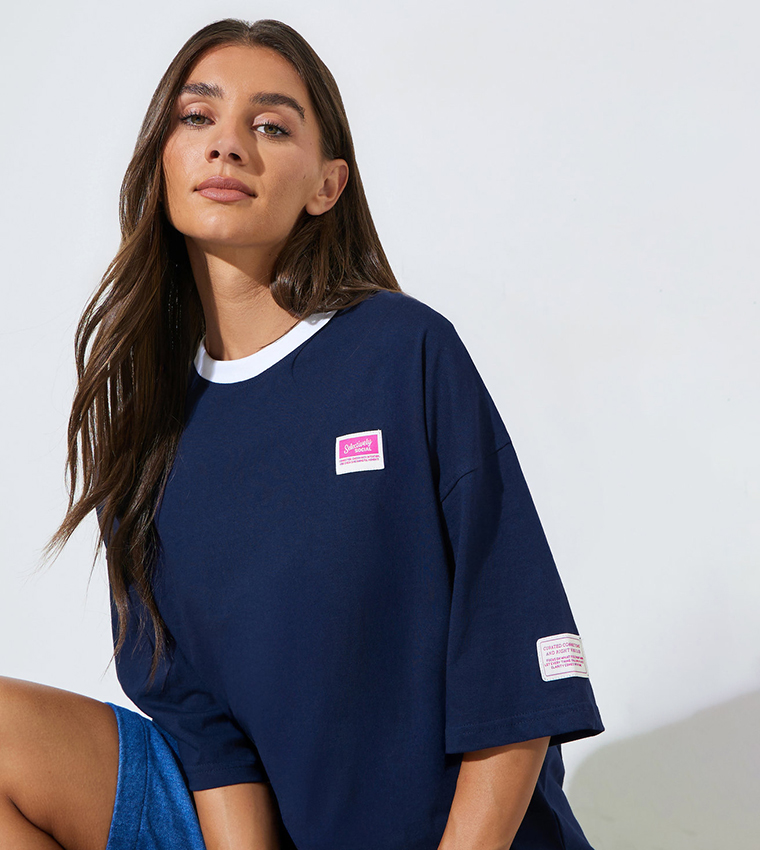Solid Patchwork 3/4 Sleeves Oversized T-Shirt
