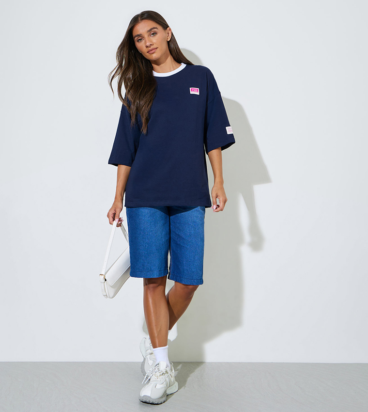 Solid Patchwork 3/4 Sleeves Oversized T-Shirt