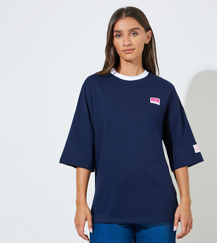 Solid Patchwork 3/4 Sleeves Oversized T-Shirt