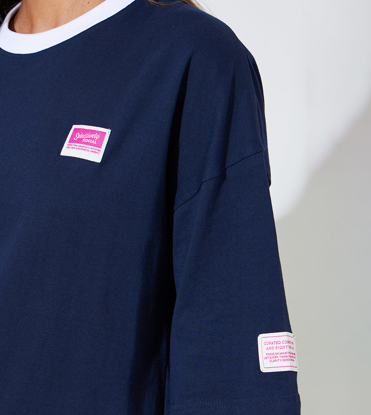 Solid Patchwork 3/4 Sleeves Oversized T-Shirt
