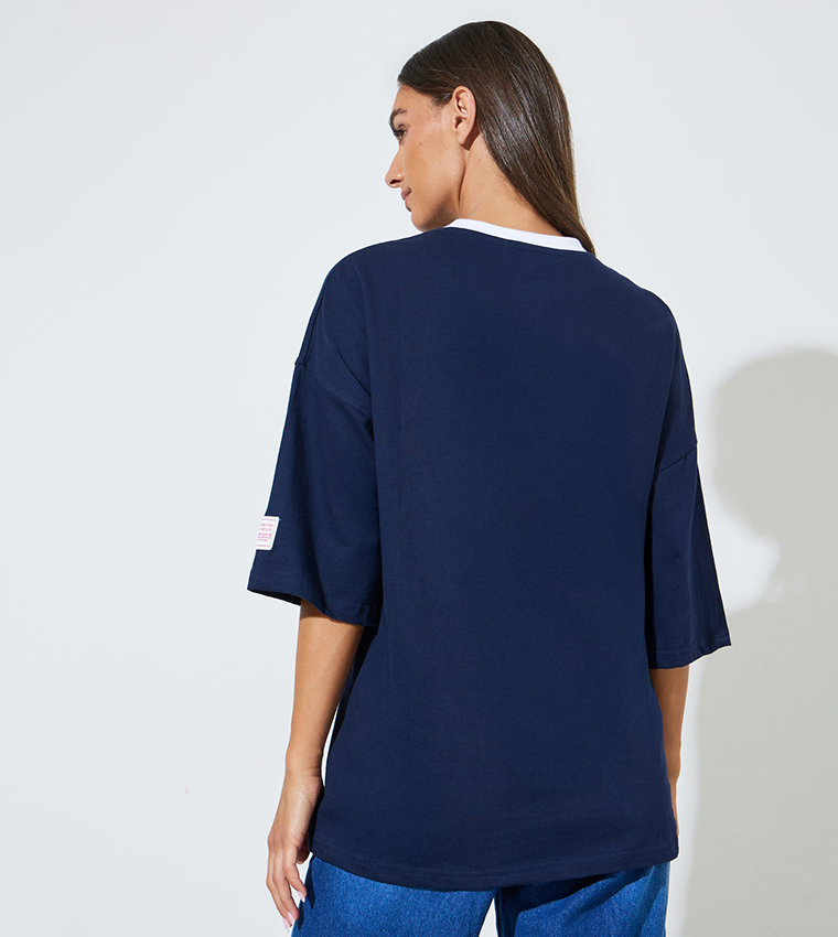 Solid Patchwork 3/4 Sleeves Oversized T-Shirt