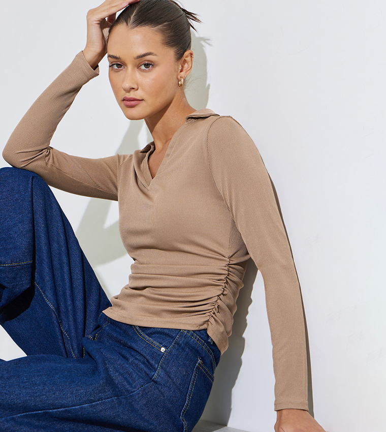 Textured Side Ruched V-Neck Top