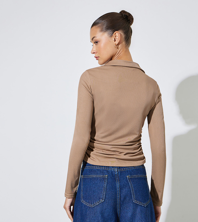 Textured Side Ruched V-Neck Top