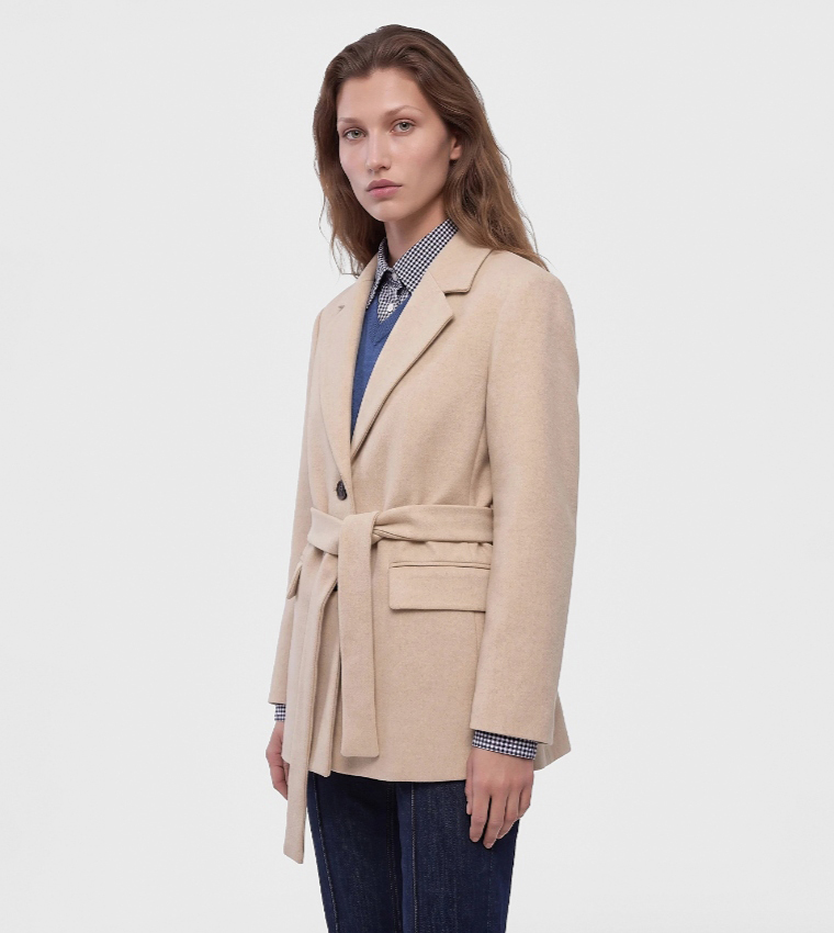 Solid Single-Breasted Belted Coat
