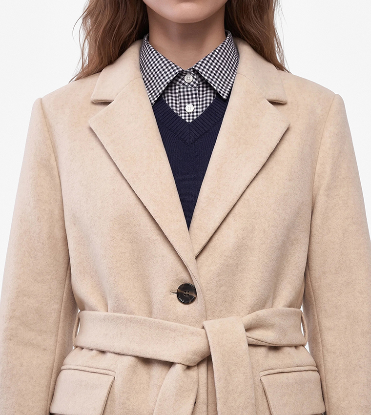 Solid Single-Breasted Belted Coat