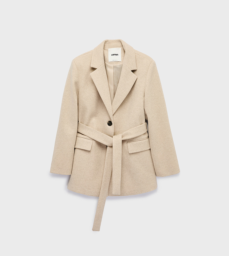 Solid Single-Breasted Belted Coat