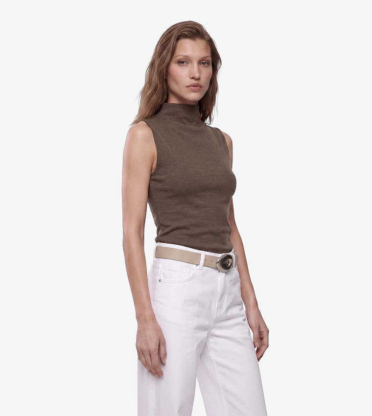 Solid High Neck Sleeveless Top