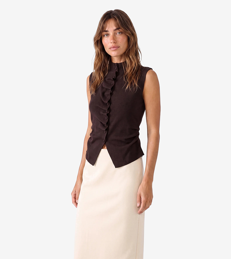 Solid Ruffle Detail Mock Neck Sleeveless Top