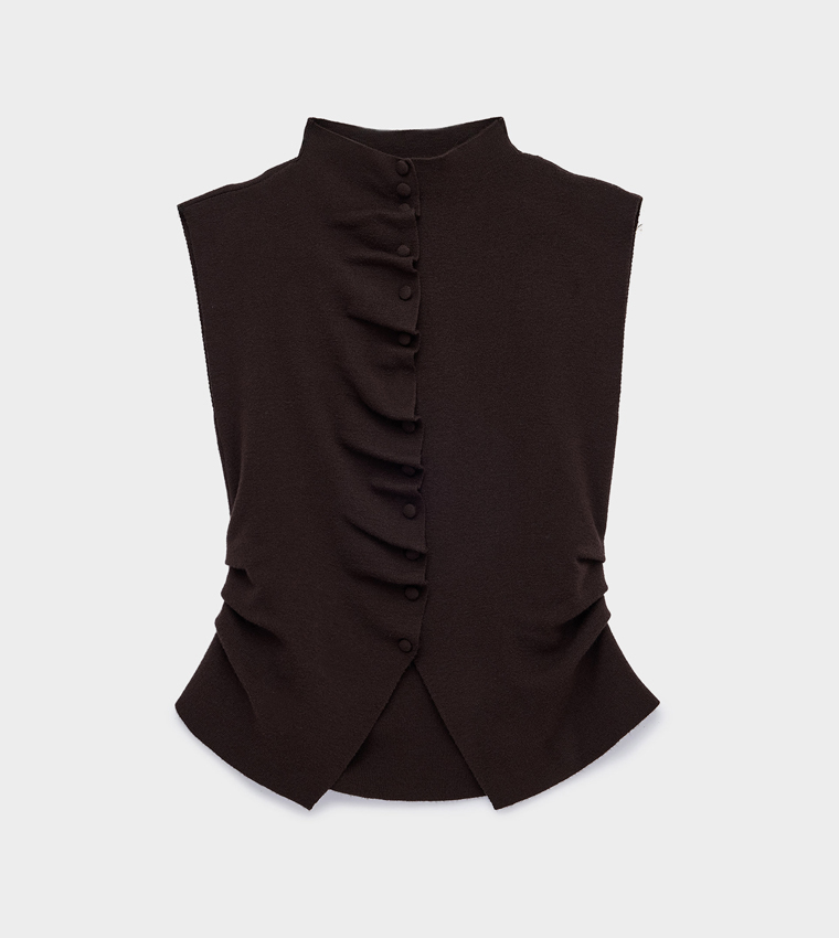 Solid Ruffle Detail Mock Neck Sleeveless Top