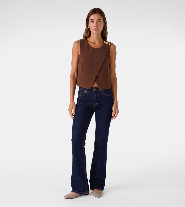 Solid Asymmetric Gold Button Sleeveless Top