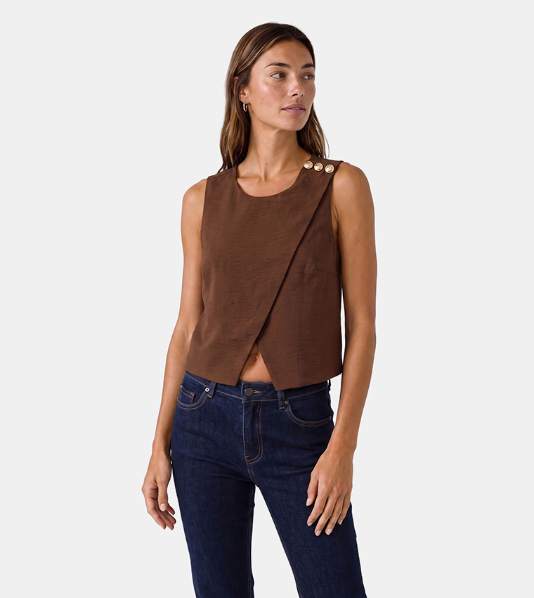 Solid Asymmetric Gold Button Sleeveless Top