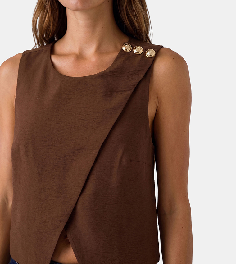 Solid Asymmetric Gold Button Sleeveless Top