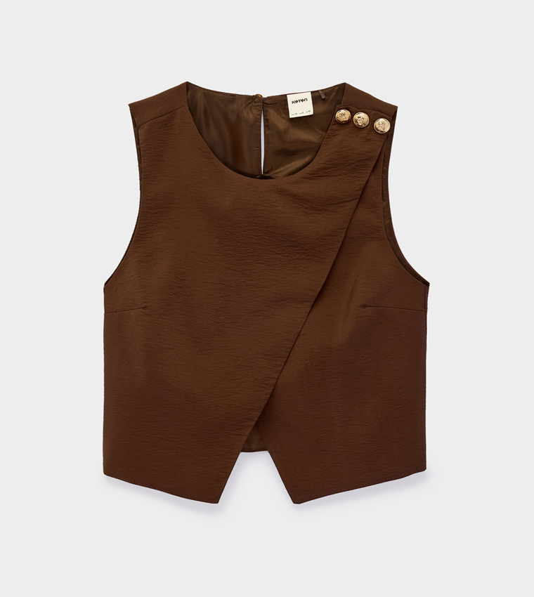 Solid Asymmetric Gold Button Sleeveless Top