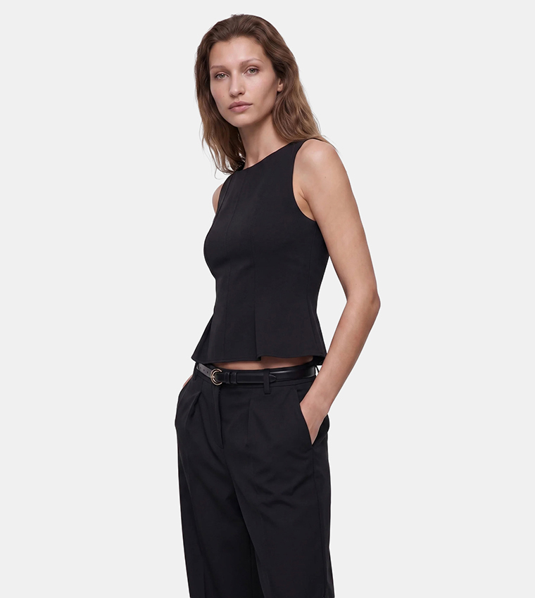 Solid Crew Neck Peplum Sleeveless Top