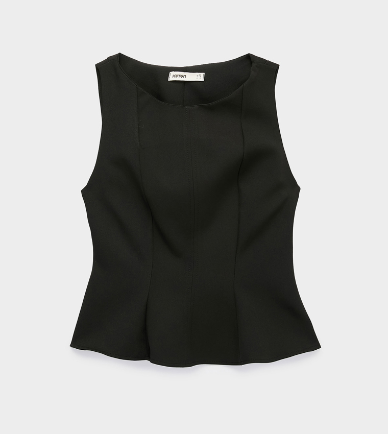 Solid Crew Neck Peplum Sleeveless Top