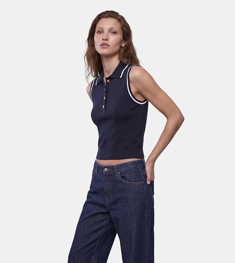 Colorblock Collared Sleeveless Top