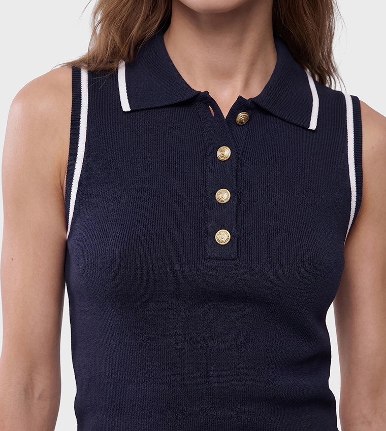 Colorblock Collared Sleeveless Top