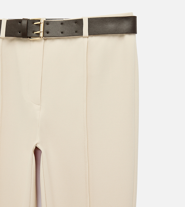 Solid Slim Fit Belted Formal Pants