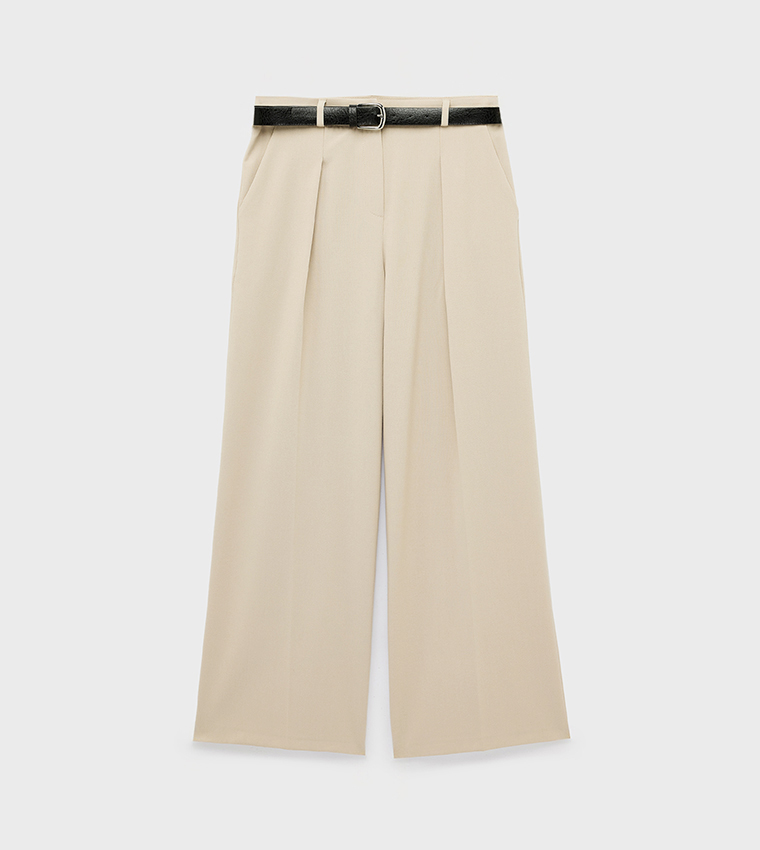Solid Belted Wide Leg Pants