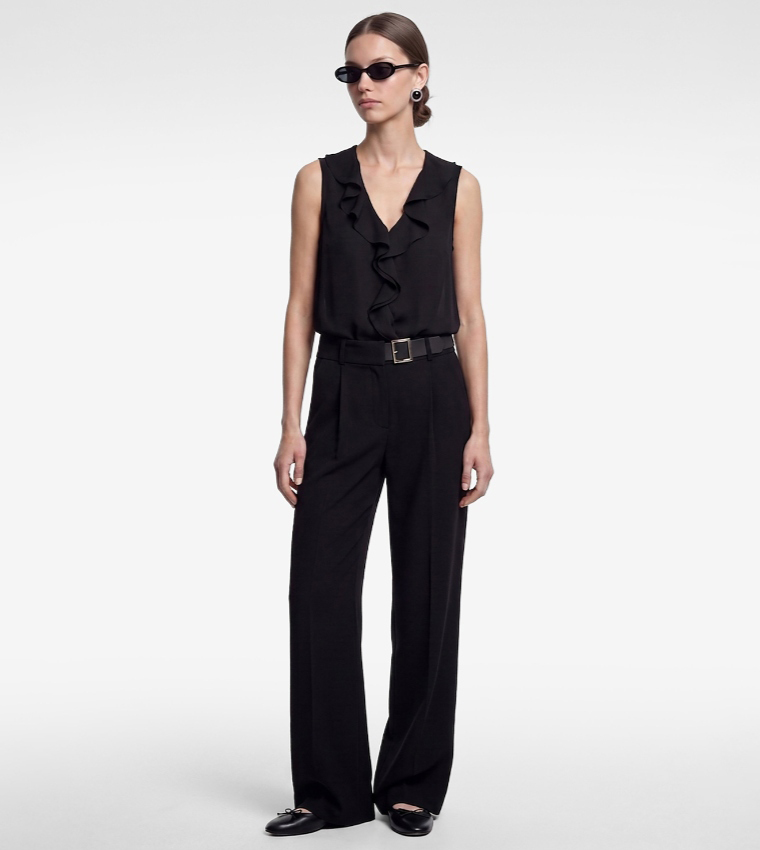 Solid Ruffle V-Neck Sleeveless Top