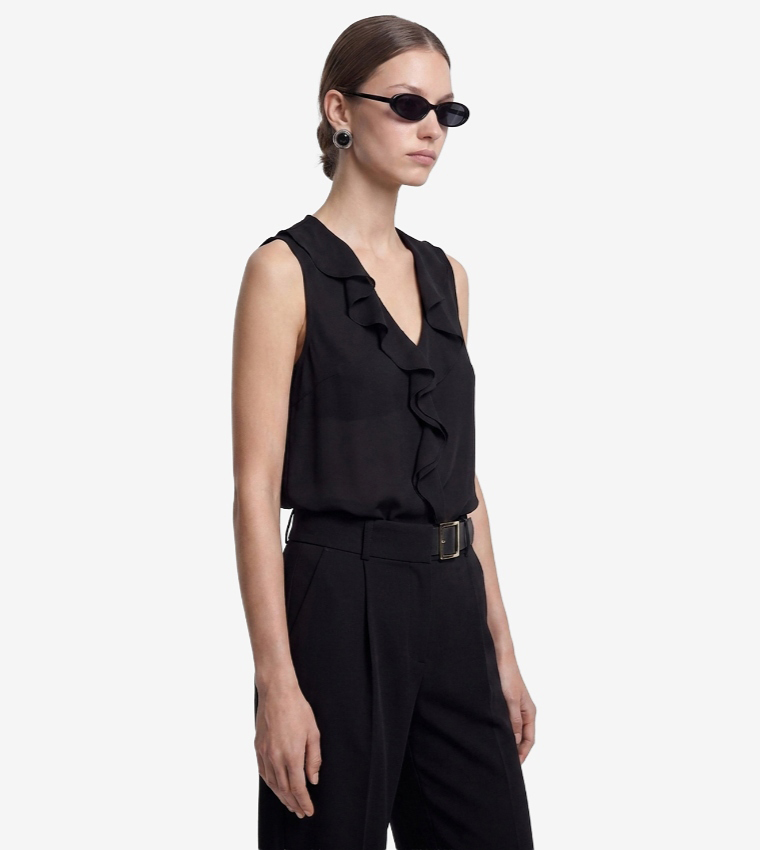 Solid Ruffle V-Neck Sleeveless Top